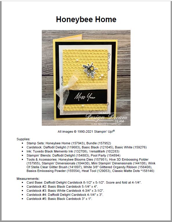 stampin up honeybee home free project sheet demo design dream team